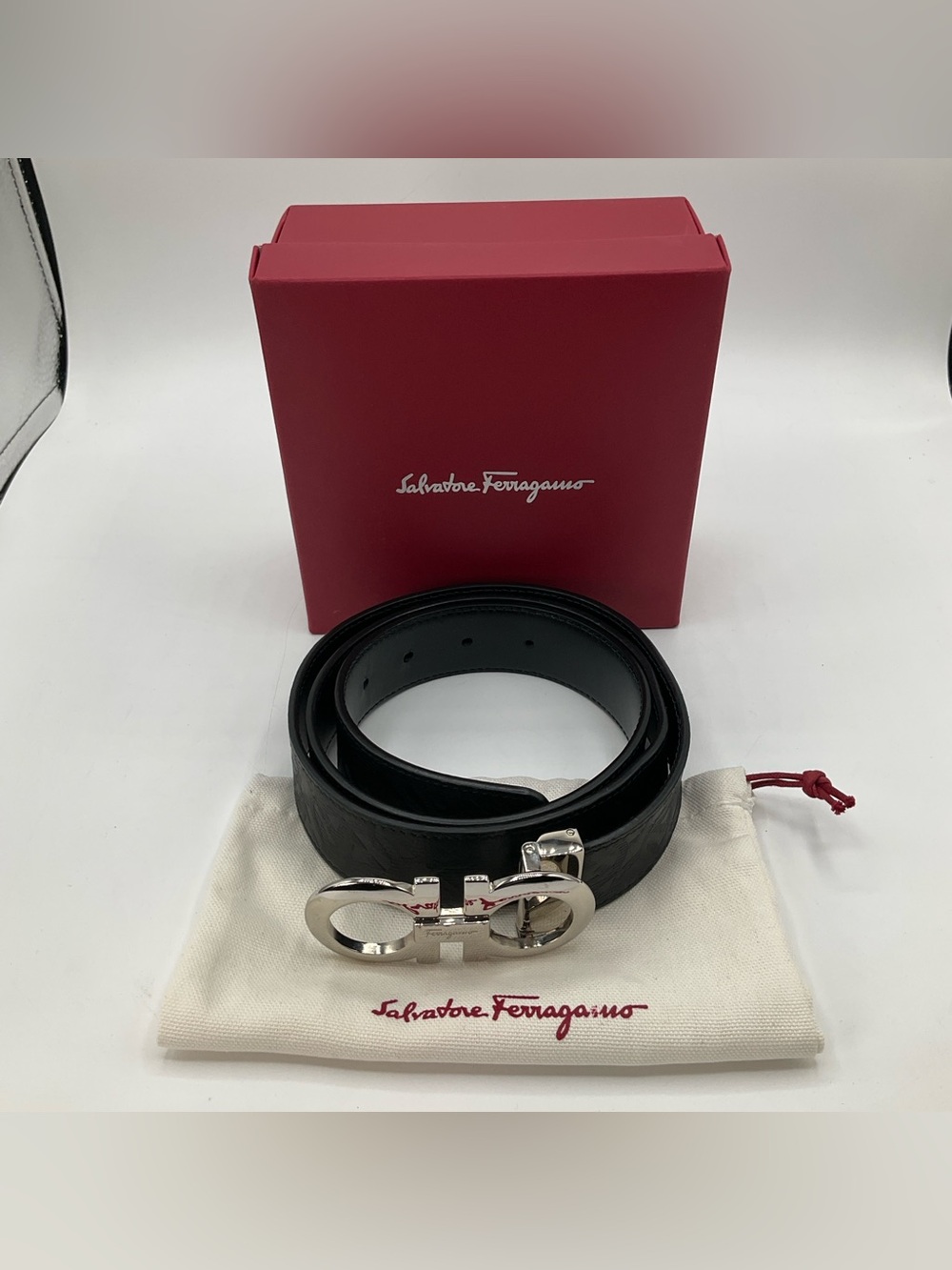 Salvatore Ferragamo Reversible Gancini Belt Silver Buckle Black Leather 48"